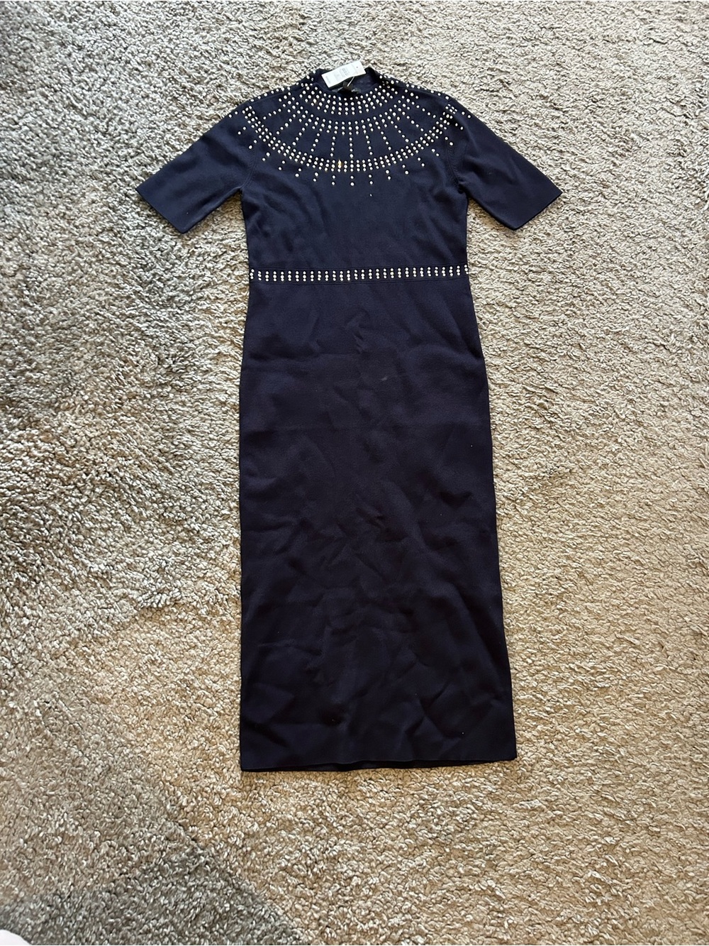 Stud-Embellished Navy Light Sweater Midi Dress
